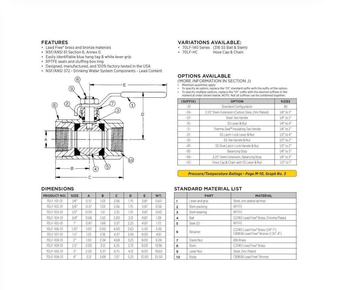 Apollo™ 70LF10A01 70LF-100 2-Piece Ball Valve, 4 in Nominal, FNPT End Style, Lead Free Bronze Body, Regular Port, RRPTFE Softgoods, Domestic