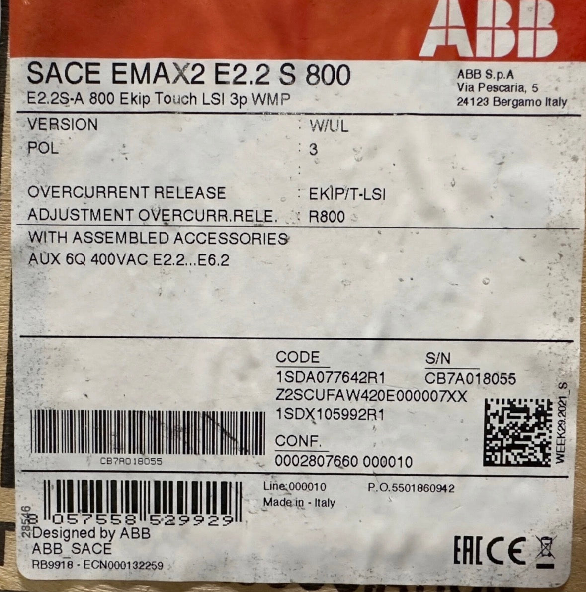 1SDA077642R1 ABB E2.2S-A 800 Ekip Touch LSI 3p WMP