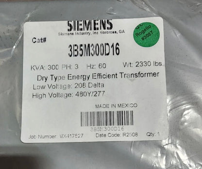 Siemens 300 KVA Transformer primary 208V secondar480Y/277V -3B5M300D16 - 3 Phase