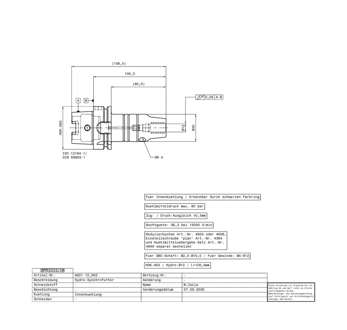 Guhring GUHROSync HSK-A 63 tapping chuck M4 to M12 9046010120630